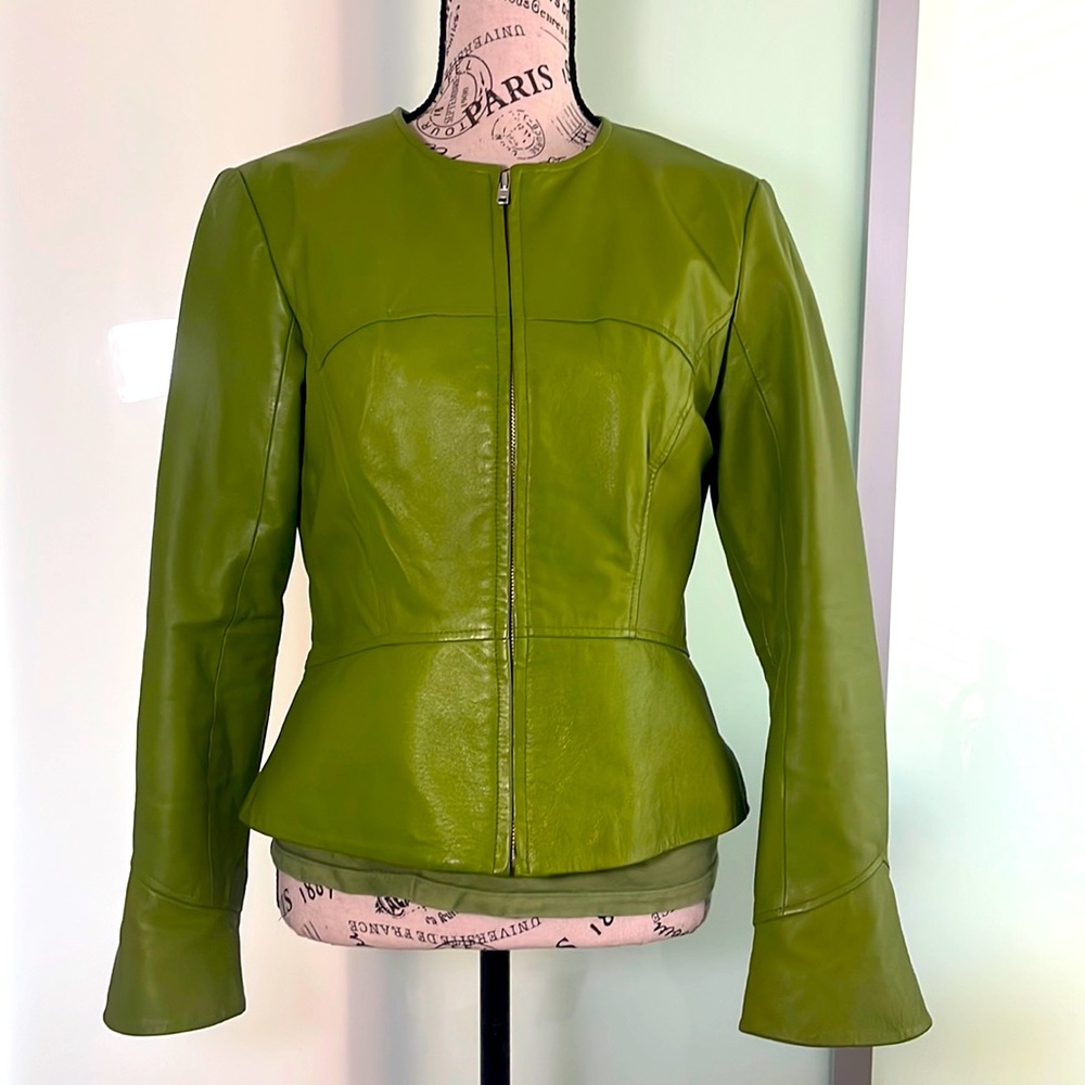 Vintage Green Leather Moto Cropped Jacket